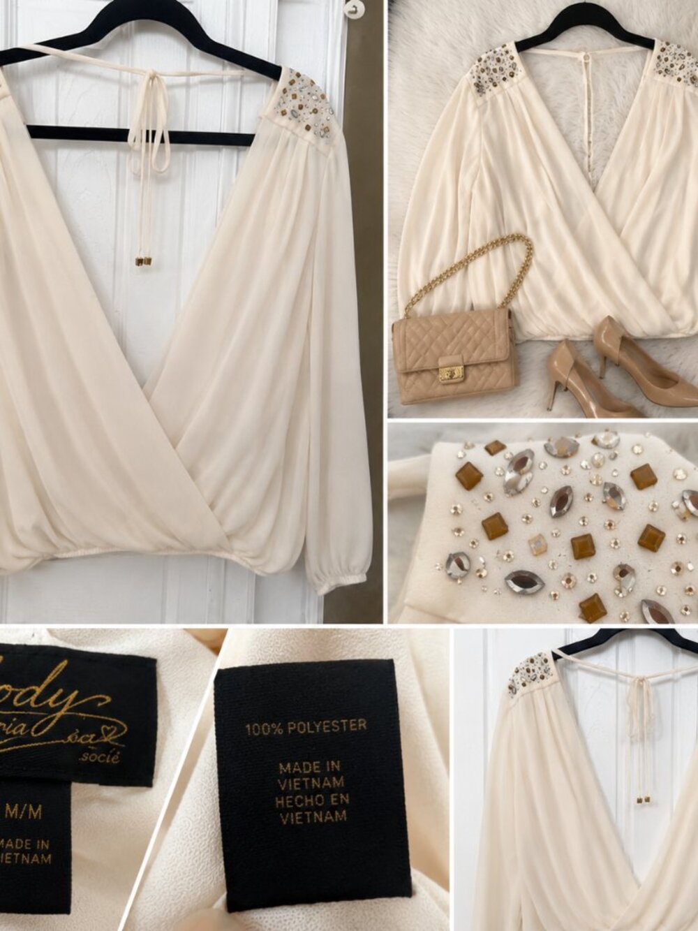 Body by Victoria Social Ivory Embellished Wrap Blouse Size M